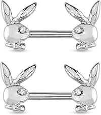 Forbidden Body Jewelry Sexy Pave CZ Playboy Bunny Ends 14g Surgical Steel Nipple Barbells