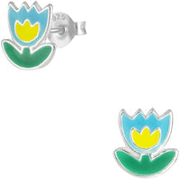 Hypoallergenic Sterling Silver Yellow & Light Blue Flower Stud Earrings for Kids (Nickel Free)