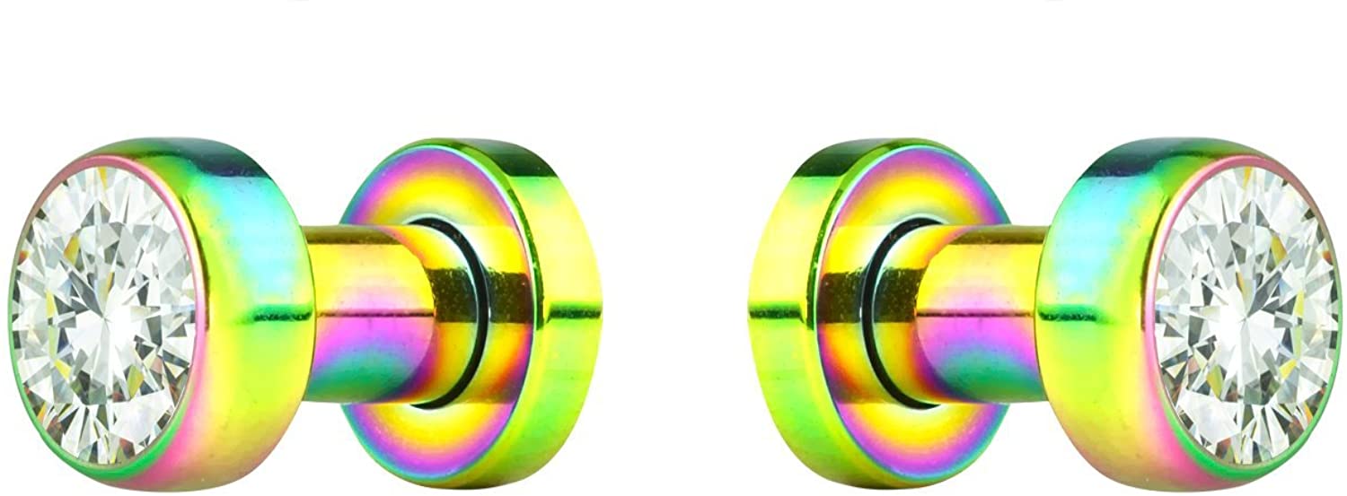 Forbidden Body Jewelry 2pcs 8G-7/8 Surgical Steel Screw Fit CZ Center Rainbow Tunnel Plug Earrings