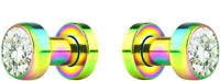 Forbidden Body Jewelry 2pcs 8G-7/8 Surgical Steel Screw Fit CZ Center Rainbow Tunnel Plug Earrings