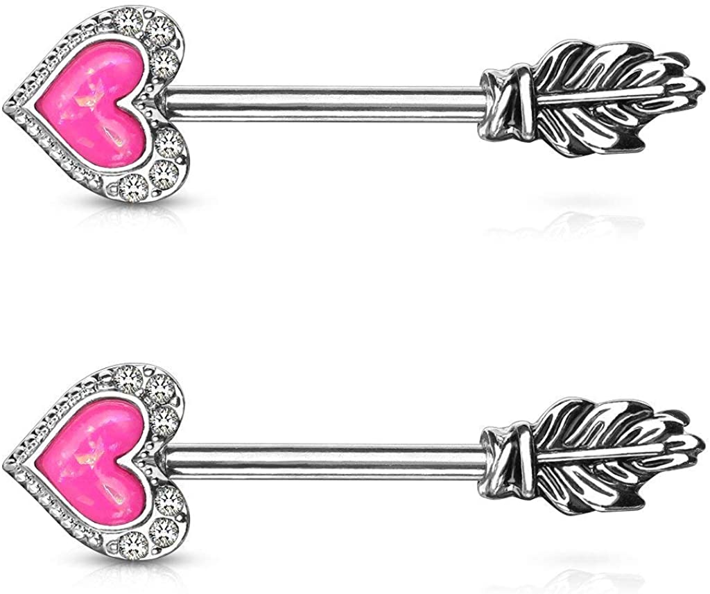 Forbidden Body Jewelry Pave CZ Opalite Heart & Feather Arrow Surgical Steel Nipple Barbells