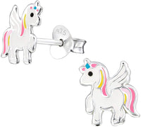 Hypoallergenic Sterling Silver Prancing Unicorn with Wings Earrings for Kids (Pink/Yellow)