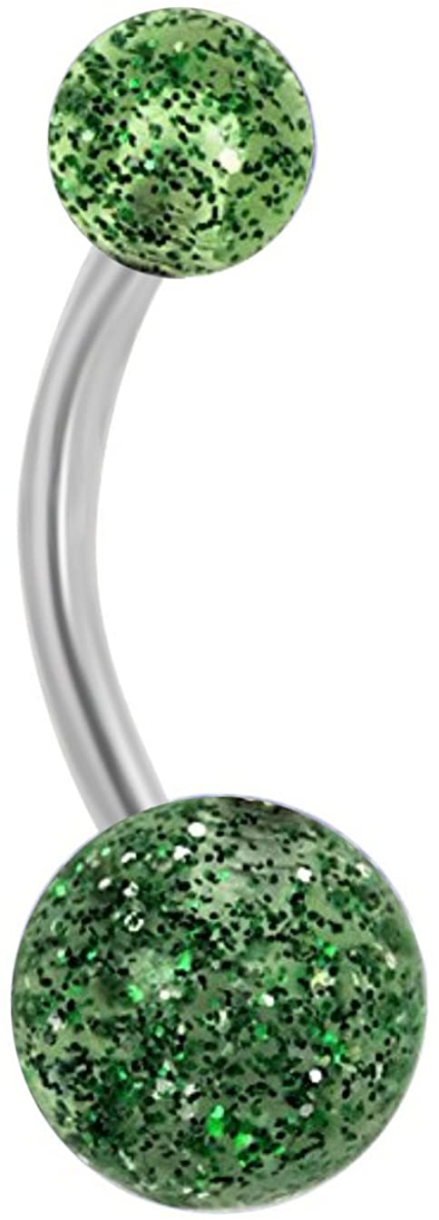 Forbidden Body Jewelry 14g Grade 23 Titanium Green Ultra Glitter Acrylic Double Ball Belly Button Ring