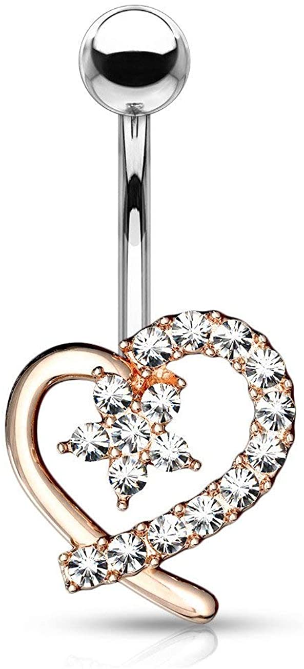 Forbidden Body Jewelry Surgical Steel Pave CZ Hollow Heart Belly Button Ring with CZ Flower Center