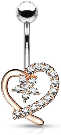 Forbidden Body Jewelry Surgical Steel Pave CZ Hollow Heart Belly Button Ring with CZ Flower Center