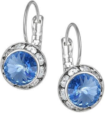 Austrian Crystal Silver Tone Framed Light Blue Lever Back Earrings for Women