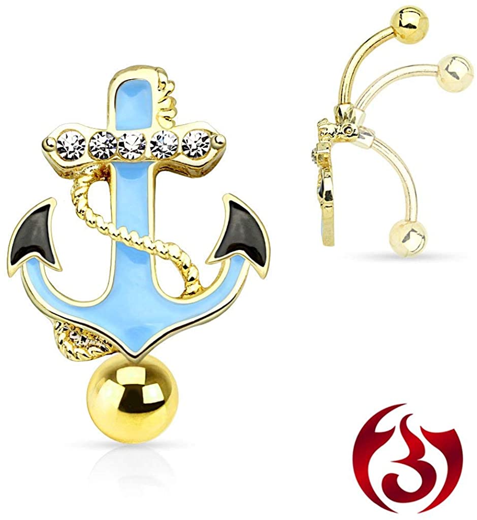 Forbidden Body Jewelry Pave CZ Surgical Steel Reverse Hinged Top Down Glossy Anchor Belly Ring