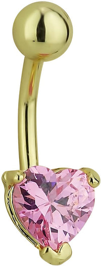 Forbidden Body Jewelry 14kt Gold Plated CZ Crystal Heart Belly Button Ring - Pink