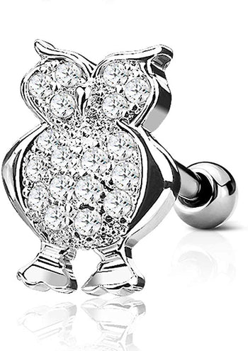 Forbidden Body Jewelry 16g Surgical Steel CZ Paved Owl Cartilage Stud Earring