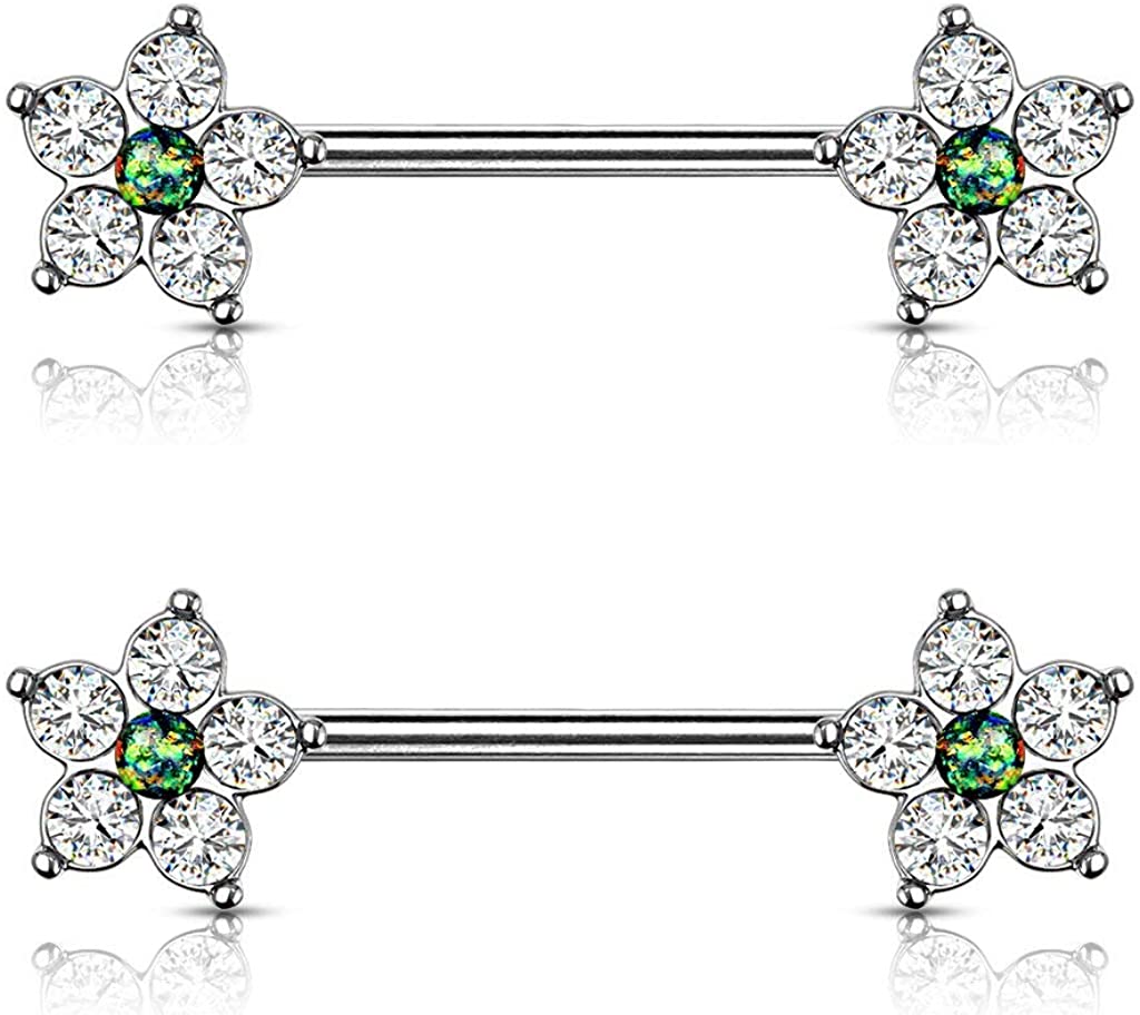 Forbidden Body Jewelry Pair of Surgical Steel 9/16 Inch (14mm) CZ Flower with Faux Centered Opal Nipple Barbells