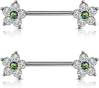 Forbidden Body Jewelry Pair of Surgical Steel 9/16 Inch (14mm) CZ Flower with Faux Centered Opal Nipple Barbells