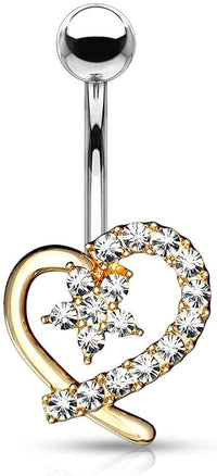 Forbidden Body Jewelry Surgical Steel Pave CZ Hollow Heart Belly Button Ring with CZ Flower Center