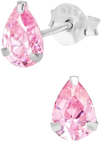 Hypoallergenic Sterling Silver Pear Cut Pink CZ Stud Earrings for Kids (Nickel Free)