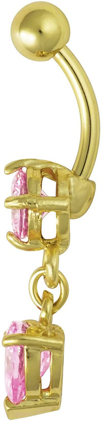 Forbidden Body Jewelry 14kt Gold Plated Surgical Steel Pink CZ Dangle Belly Button Ring with Crystal Heart Charm