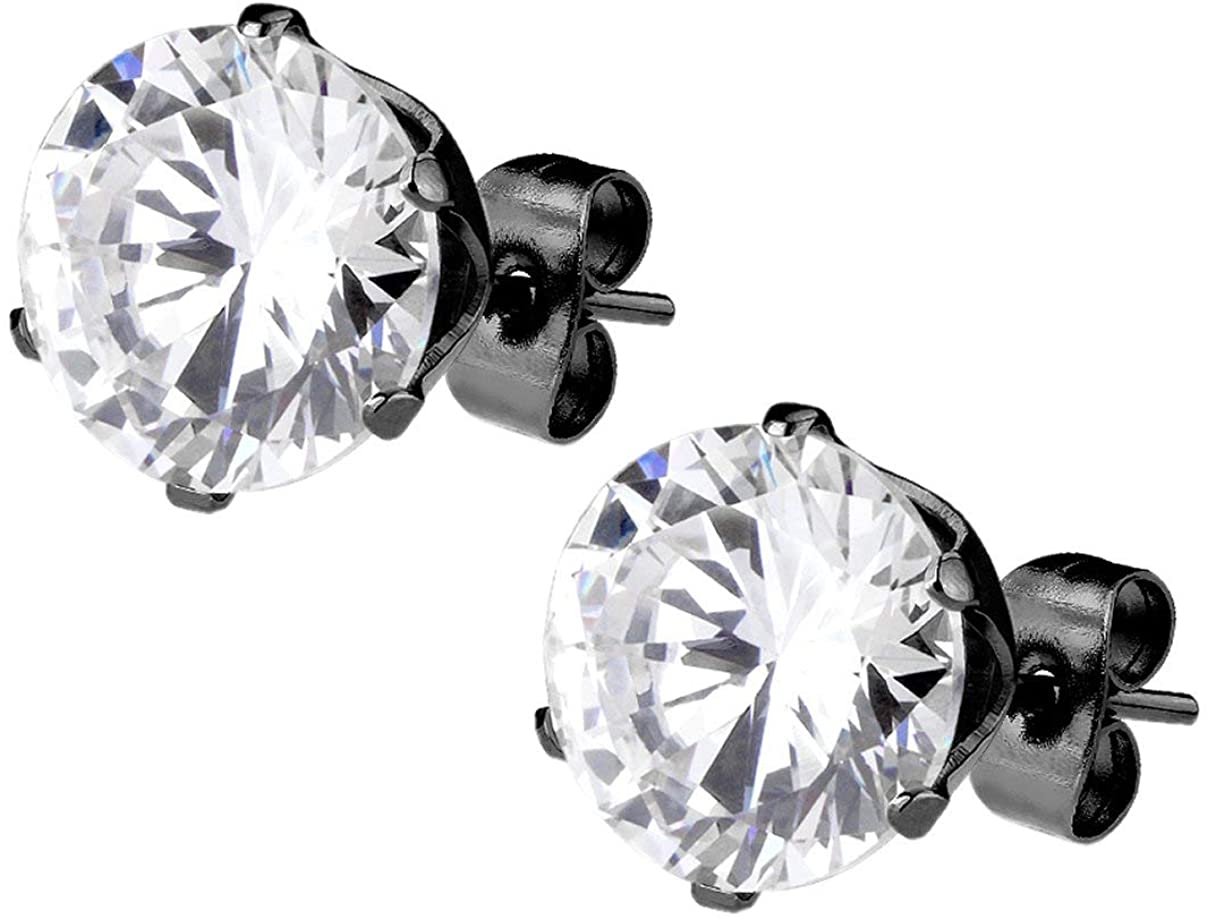 CZ Simulated Diamond Black IP Plated Surgical Steel Stud Earrings for Men