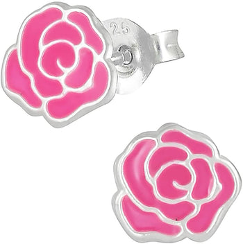 Hypoallergenic Sterling Silver Pink Rose Flower Stud Earrings for Kids (Nickel Free)