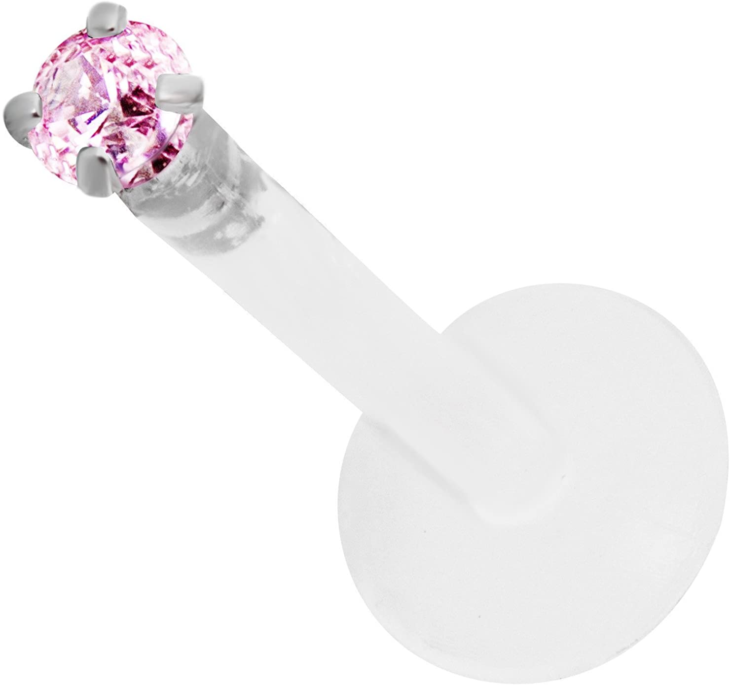 Forbidden Body Jewelry 16g 10mm BioFlex Tragus Earring, Helix Earring and Labret Piercing Stud, 2mm Pink CZ Crystal