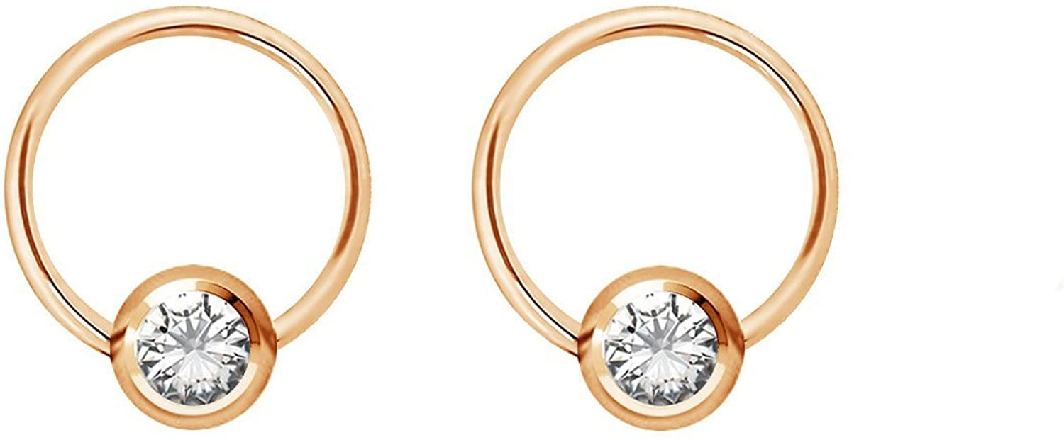 Pair 14g-20g Gold & Rose Gold Tone Surgical Steel CZ Gemmed Captive Bead Body Piercing Hoops (2pcs)