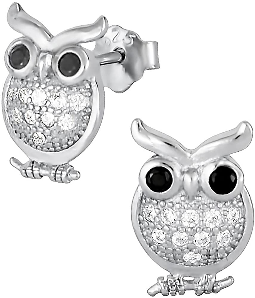 Hypoallergenic Sterling Silver Cubic Zirconia Crystal Owl Stud Earrings for Kids (Nickel Free)