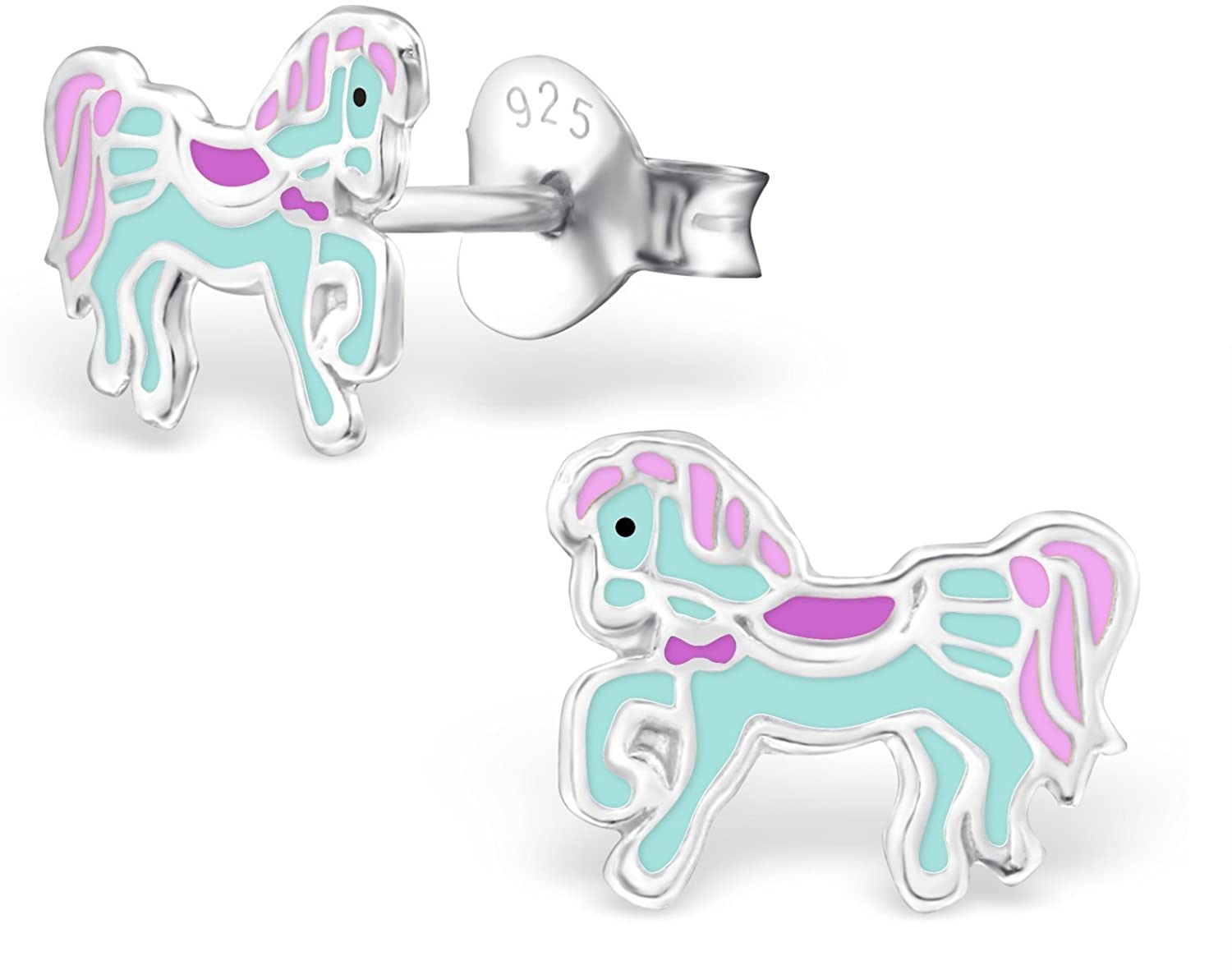 Hypoallergenic Sterling Silver Teal & Purple Royal Pony Stud Earrings for Little Girls (Nickel Free)