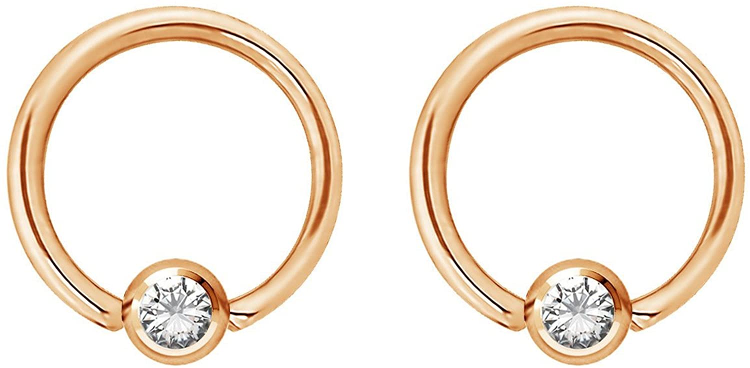 Pair 14g-20g Gold & Rose Gold Tone Surgical Steel CZ Gemmed Captive Bead Body Piercing Hoops (2pcs)