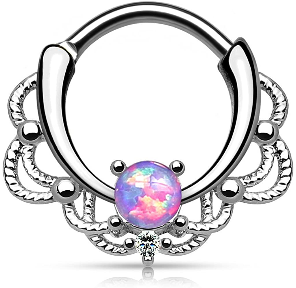 Forbidden Body Jewelry 16g Synthetic Opal Surgical Steel Filigree Lacey Detail Septum Hoop Clicker Ring