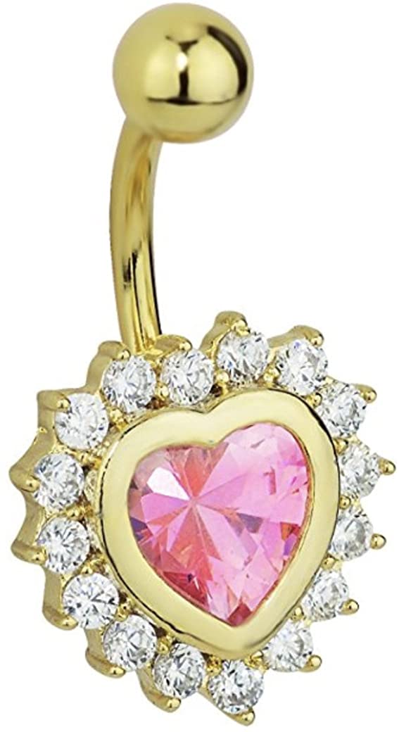 14k Gold Plated Surgical Steel Fancy CZ Crystal Framed Pink Heart Belly Button Ring