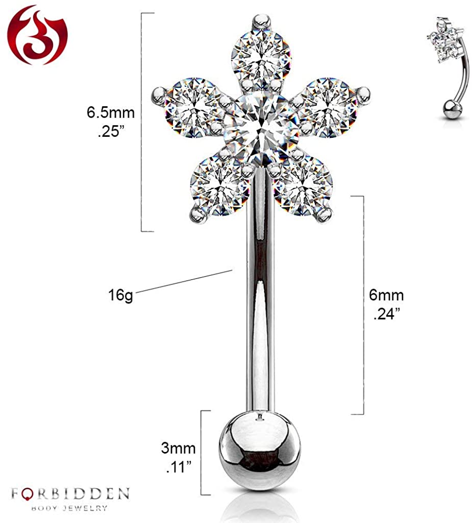 Forbidden Body Jewelry 16g 6mm Surgical Steel Curved Barbell for Daith, Eyebrow, Rook & Belly Button with CZ Floral Top