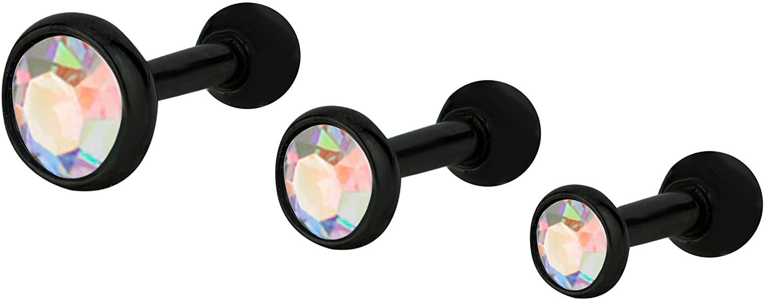 Forbidden Body Jewelry Set of 3 Sizes Cartilage Studs: 16g 6mm Barbells with 3mm, 4mm and 5 mm Crystals