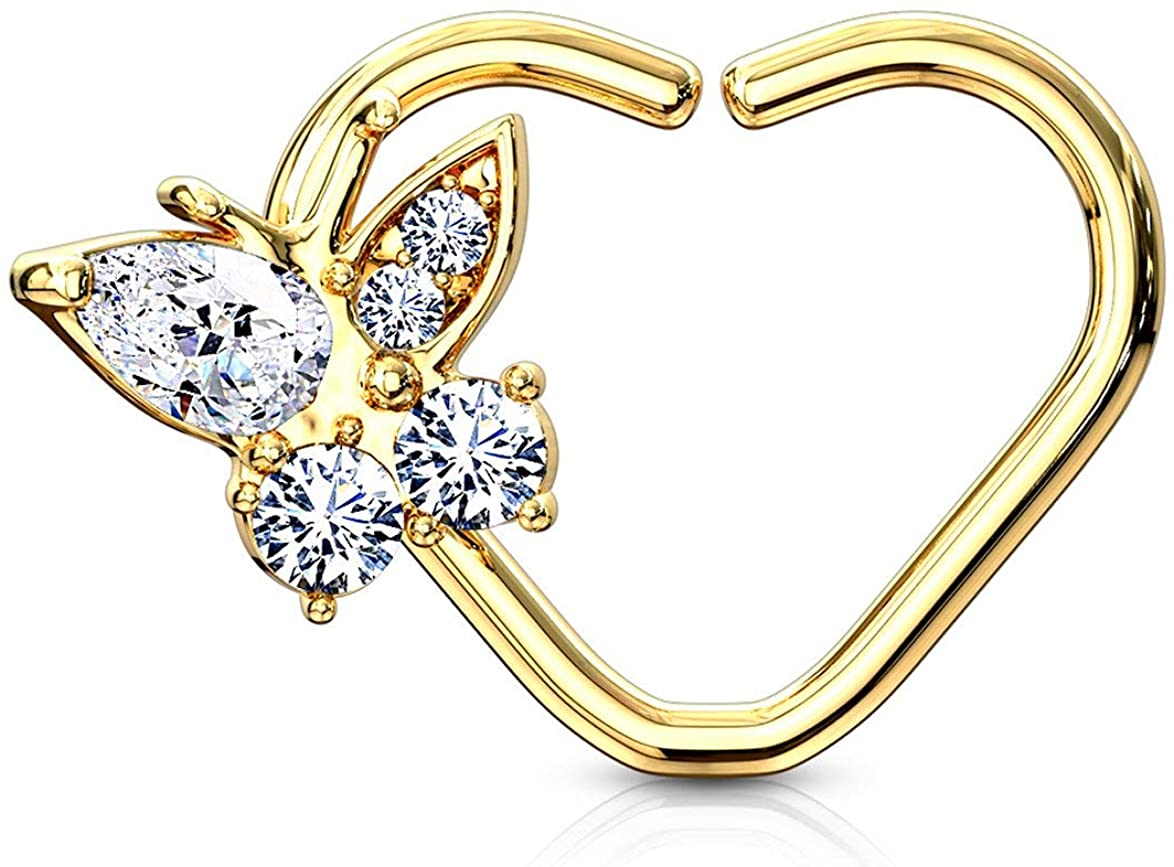 Forbidden Body Jewelry 16g Platinum & Gold Plated Heart w/CZ Butterfly Daith & Cartilage Hoop Earring