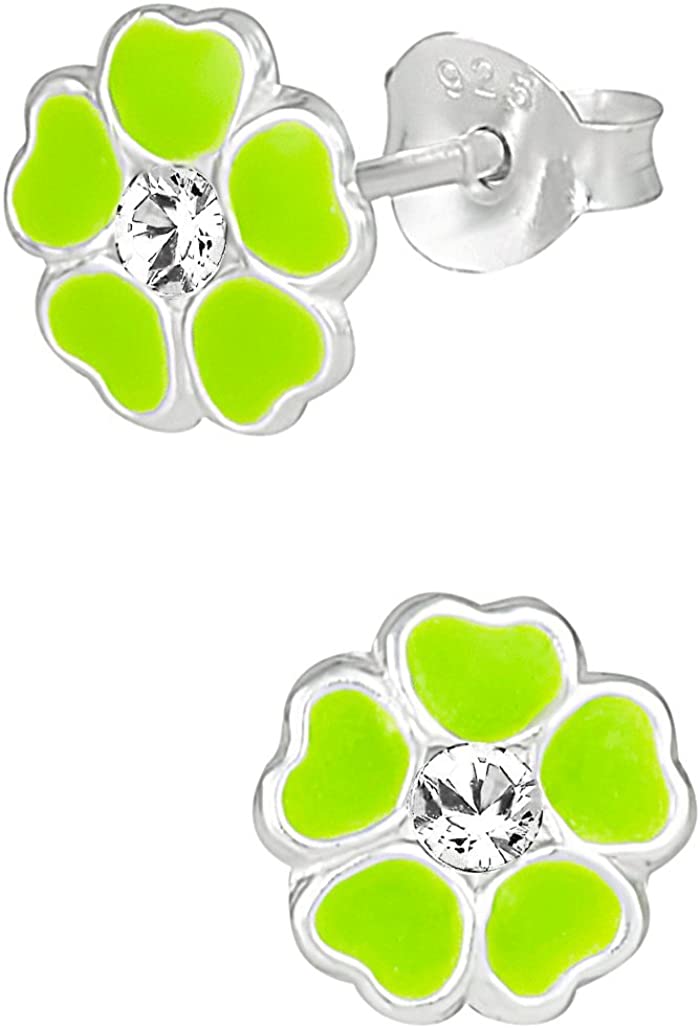 Hypoallergenic Sterling Silver Green Jeweled Flower Stud Earrings for Kids (Nickel Free)