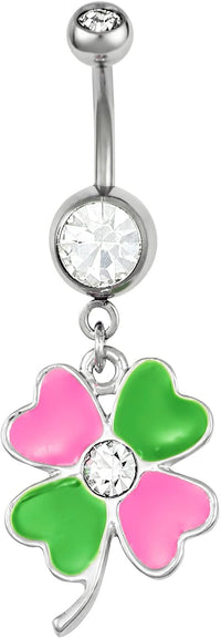 Surgical Steel Jeweled Pink and Green Four Leaf Clover Dangle Belly Button Ring