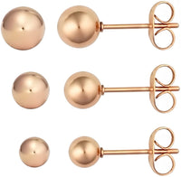 3 Pairs Ball Studs: 18k Rose Gold Plated Hollow Steel Earrings, 4mm, 5mm & 6mm