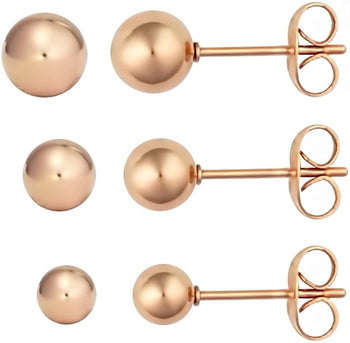 3 Pairs Ball Studs: 18k Rose Gold Plated Hollow Steel Earrings, 4mm, 5mm & 6mm