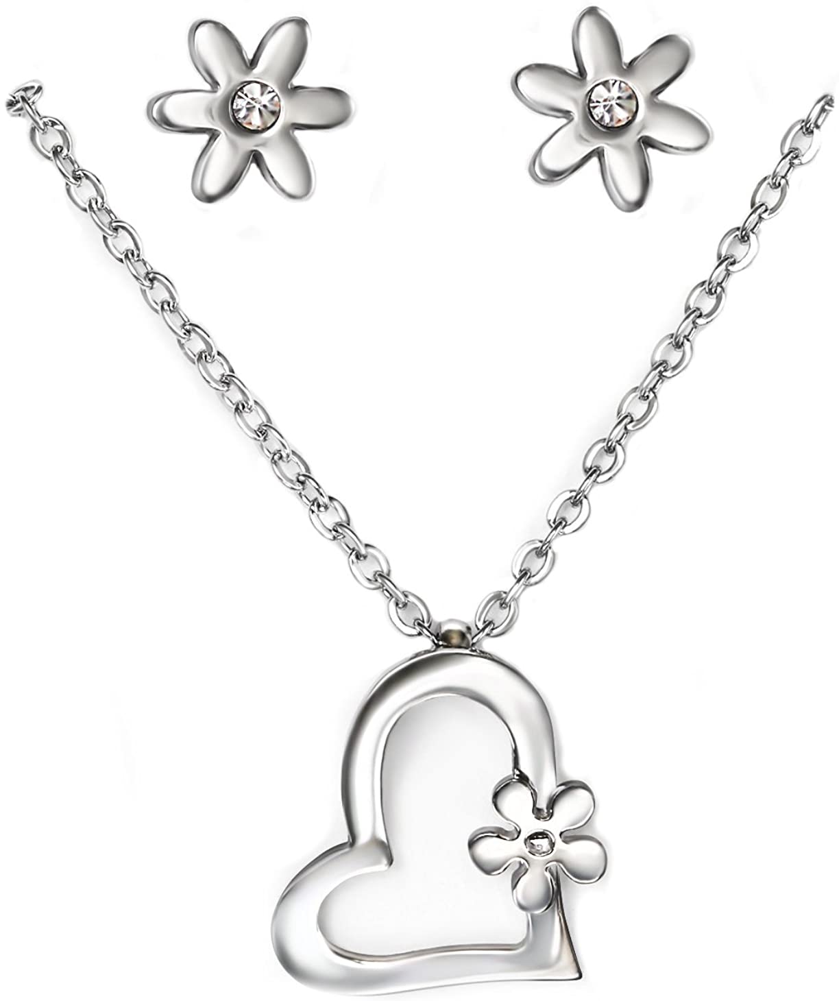 Stainless Steel Heart & Flowers Pendant Necklace & Stud Earring Set for Girls