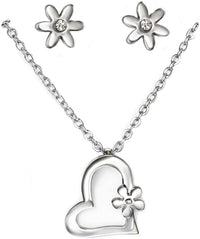 Stainless Steel Heart & Flowers Pendant Necklace & Stud Earring Set for Girls