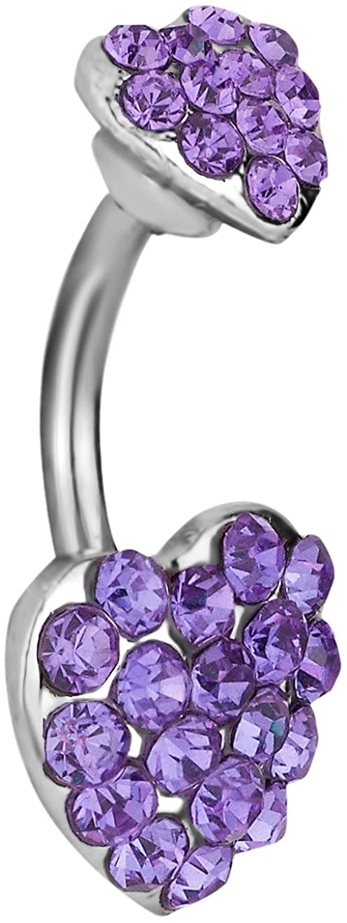 Forbidden Body Jewelry Surgical Steel Purple Pave Jeweled Double Heart Belly Button Ring