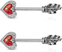 Forbidden Body Jewelry Pave CZ Opalite Heart & Feather Arrow Surgical Steel Nipple Barbells