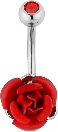 Forbidden Body Jewelry Surgical Steel Red Metal Rose with Jeweled Barbell Belly Button Ring