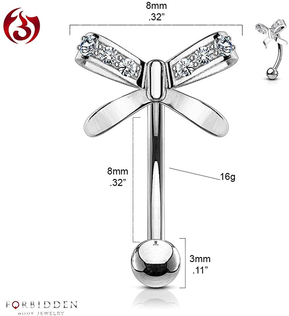 Forbidden Body Jewelry 16g 8mm Surgical Steel Curved Barbell for Daith, Eyebrow, Rook & Belly Button with CZ Ribbon Tied Top