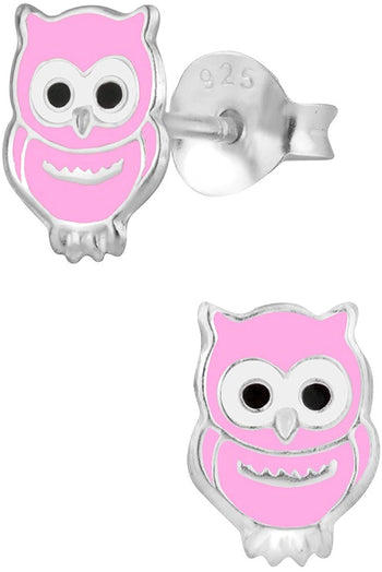 Hypoallergenic Sterling Silver Pink Owl Stud Earrings for Kids (Nickel Free)