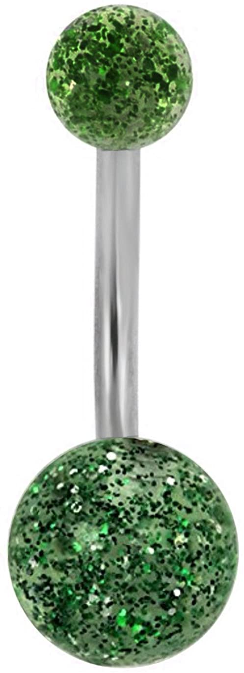 Forbidden Body Jewelry 14g Grade 23 Titanium Green Ultra Glitter Acrylic Double Ball Belly Button Ring