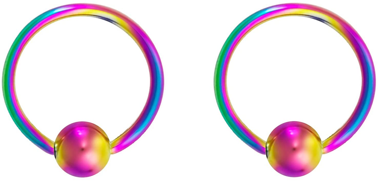 Pair 10g-20g Black/Rainbow Surgical Steel Captive Bead Body Piercing Hoops (Select Color/Gauge/Diameter)