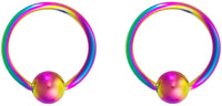 Pair 10g-20g Black/Rainbow Surgical Steel Captive Bead Body Piercing Hoops (Select Color/Gauge/Diameter)