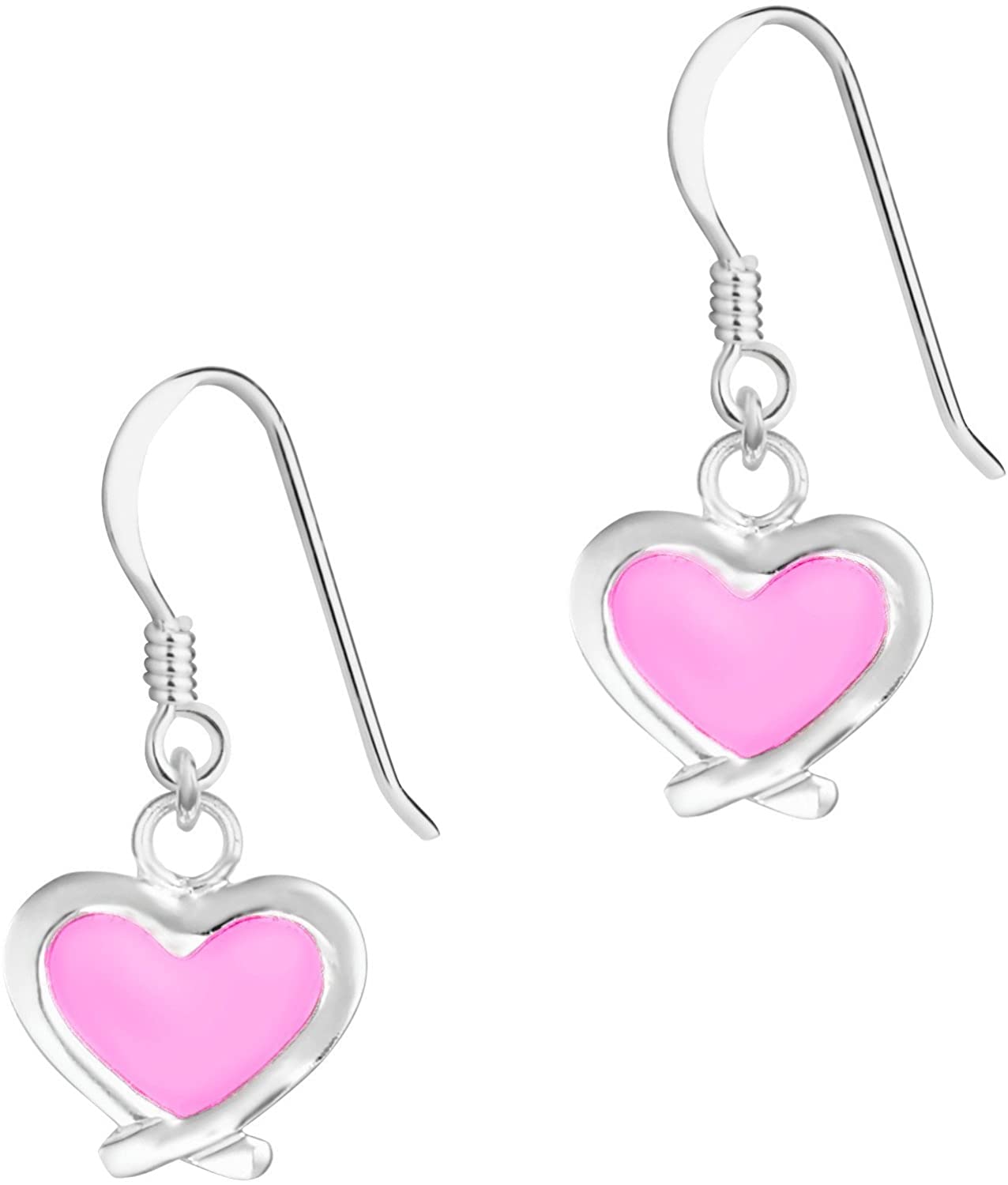 Hypoallergenic Sterling Silver Light Pink Crossover Heart Dangle Earrings for Kids (Nickel Free)