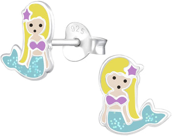 Hypoallergenic Sterling Silver Blue Glitter Mermaid Stud Earrings for Girls (Nickel Free)