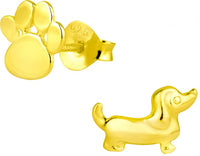 Hypoallergenic 14k Gold Plated Puppy & Paw Print Cute Mismatched Stud Earrings for Kids (Nickel Free)