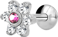 Forbidden Body Jewelry 16g 6mm-8mm Internally Threaded Tragus, Helix Earring and Labret Stud with Crystal Flower Top