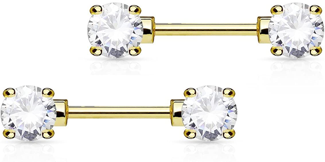 Forbidden Body Jewelry 14g 1/2 Inch (12mm) Surgical Steel & Gold Plated CZ Crystal Front Facing Gemmed Nipple Ring Barbell Set