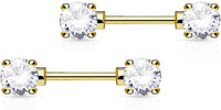 Forbidden Body Jewelry 14g 1/2 Inch (12mm) Surgical Steel & Gold Plated CZ Crystal Front Facing Gemmed Nipple Ring Barbell Set